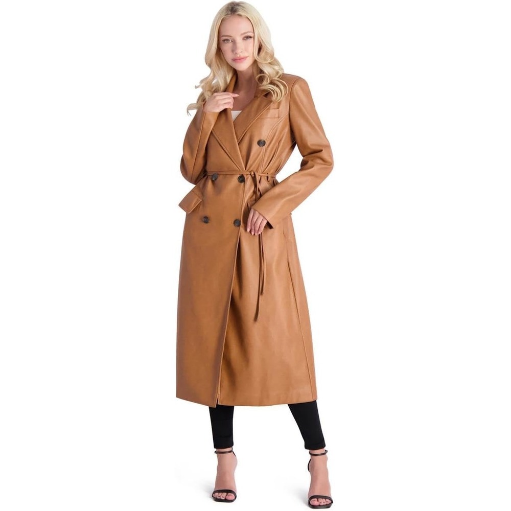 Avec Les Filles Trench Coat Camel Faux Leather Double Breasted Womens Size S